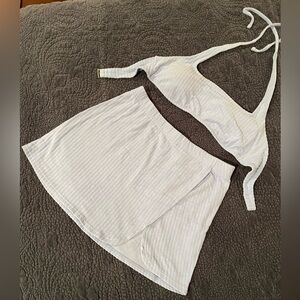 Powder blue terry cloth swim M top and S coverup skirt.